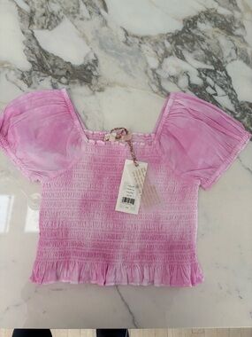 LoveShackFancy Pink Smocked Puff-Sleeve Kids Top